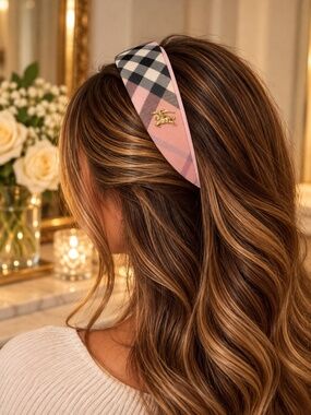 Stripped Pink Burberry Style Headband with Gold Logo